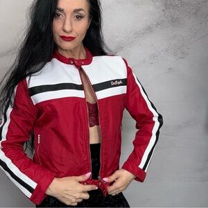Red and White Bomber Jacket with Stand-Up Collar